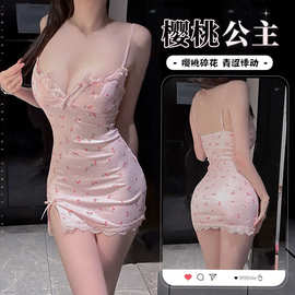 纯欲少女情趣内衣粉色樱桃蕾丝性感吊带紧身免脱连衣睡裙套装8239