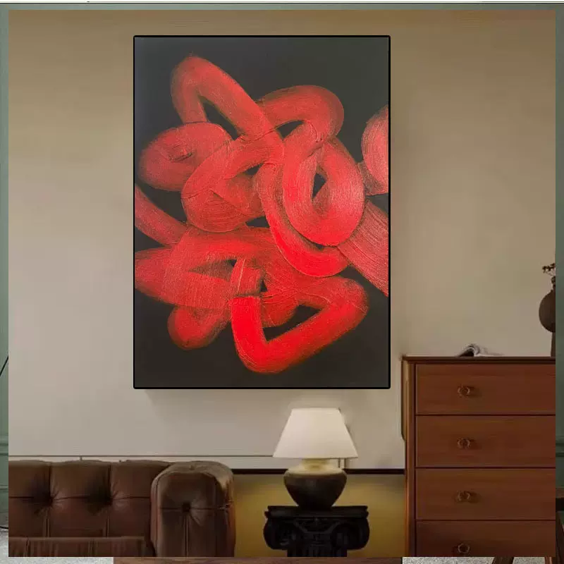 纯手工油画侘寂风红色客厅背景墙装饰画古典立体肌理玄关入户挂画