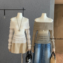 WGWE秋季时髦纯欲辣妹风镂空马海毛露肩一字领长袖针织衫女W7319