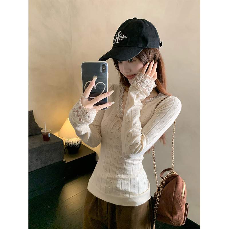 韩系花边蝴蝶结v领长袖T恤女2025秋季新款设计感叠穿修身打底上衣|undefined