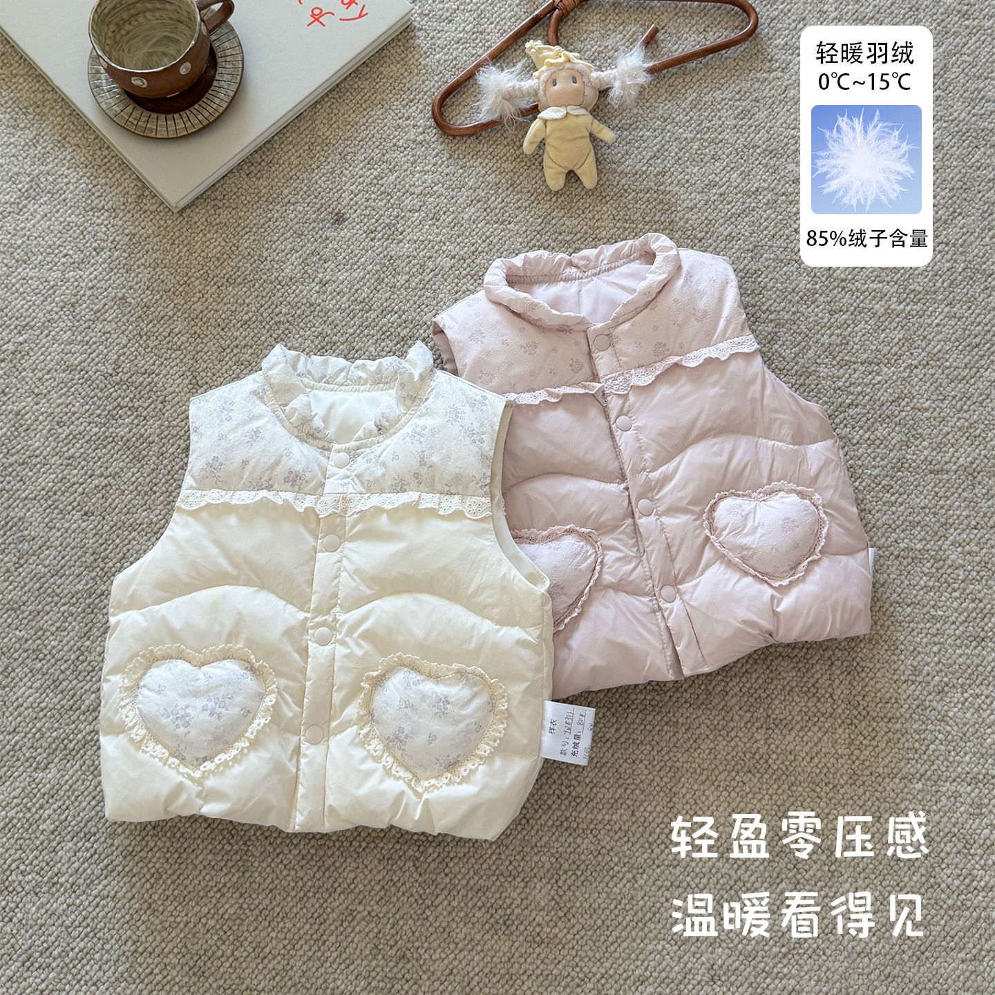 2026 New Model Girls' Light Down Vest for Autumn and Winter, Infant and Toddler Warm Floral Patchwork Outerwear Vest