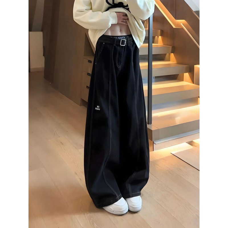 Black A-Line Style High-End Jeans for Men, Trendy Retro Cleanfit Loose High Street Straight Wide-Leg Pants