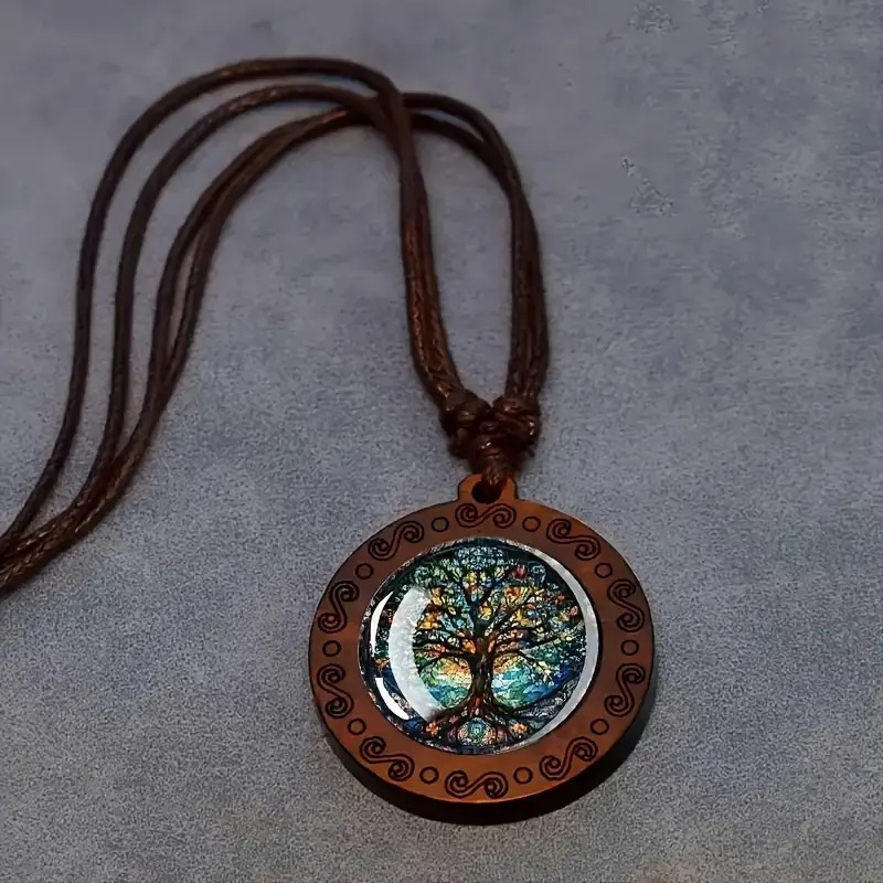 European and American Sacred Heart Time Gemstone Wooden Pendant Necklace Women's Versatile Retro Brown Wax Rope Sweater Chain Jewelry Wholesale