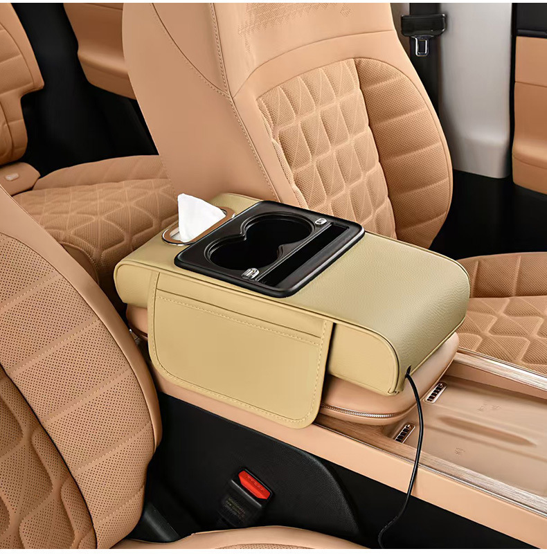 Car Charging Armrest Box, Universal Car Tissue Box, Extended and Thickened Four-In-One Armrest Box with Height-Increasing Pad