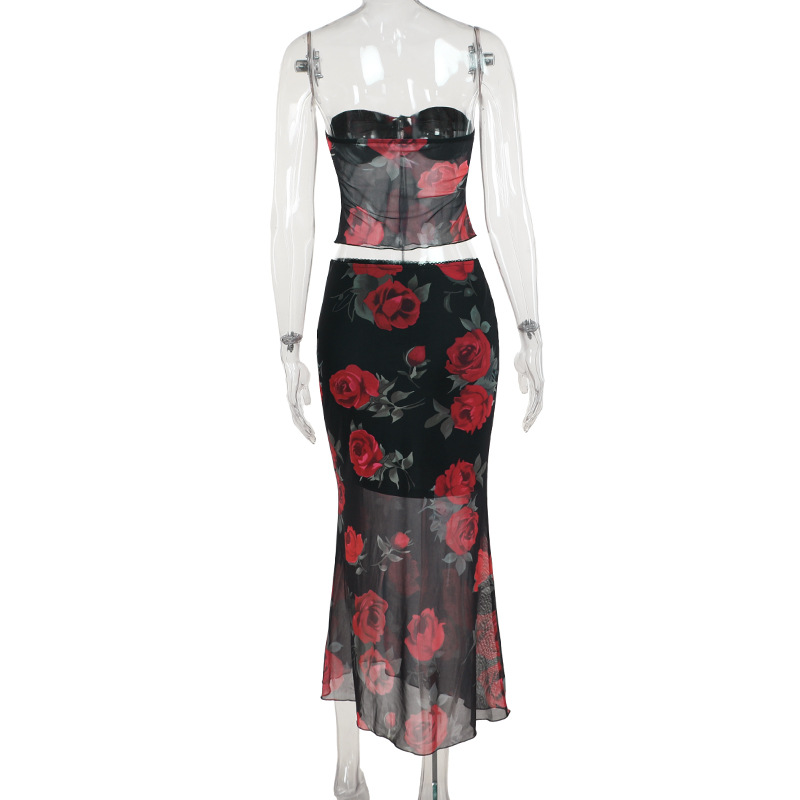 Mesh Printed Tube Top Mid Length Skirt Set Women Summer Slim Fit Women Clothing