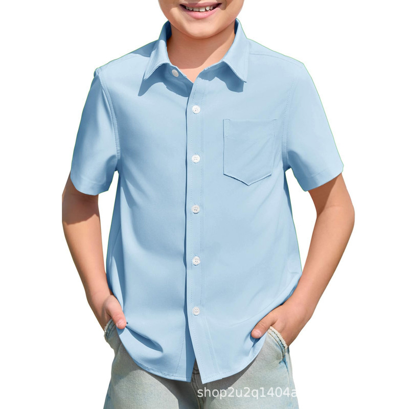子供用ソリッドカラーのプリント可能なラペル半袖ポケット付きシャツトップ|undefined