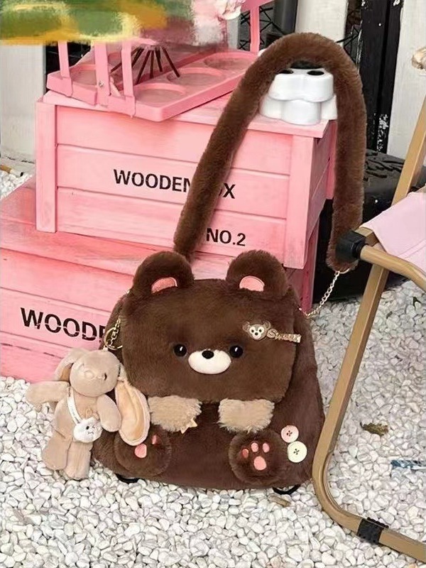 Plush Bear Backpack for Women 2023 Autumn/Winter New Large Capacity Versatile and Super Cute Cross Shoulder Bag_voghion.com