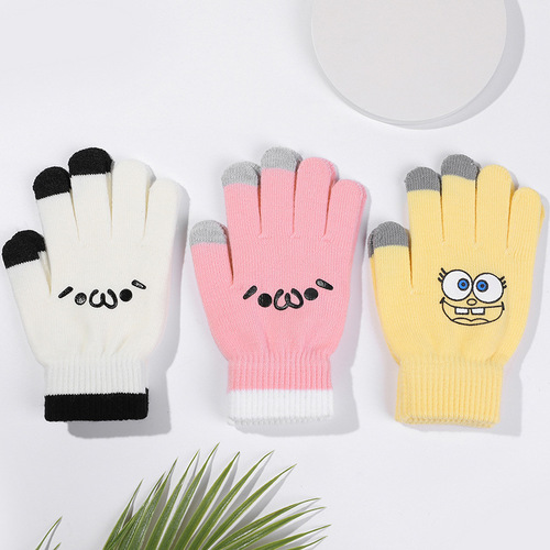 Five-finger gloves for women in winter, Korean version for students, cute cartoon plus velvet and thickened knitted couple, touch screen, warm for cycling men