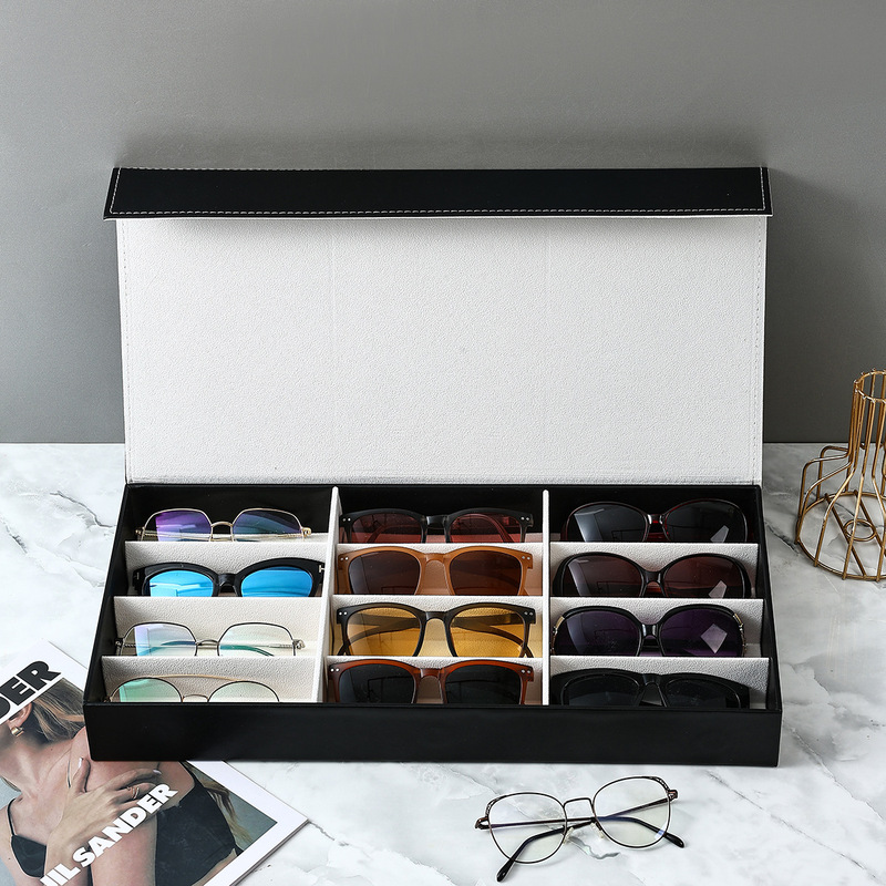 12-Slot Pu Sunglasses Display Box, Leather, 8 Pairs, Black, High-End Counter Multifunctional Sunglasses and Eyewear Display Storage Box