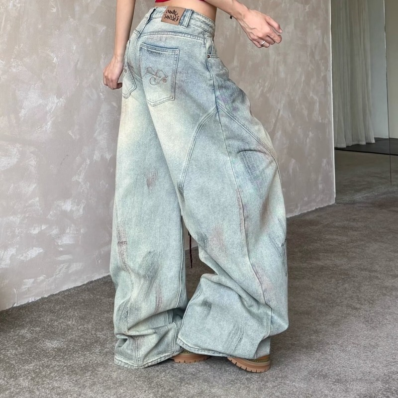 美式复古做旧浅蓝色弯刀牛仔裤薄款夏季2025拼接设计香蕉镰刀裤女|undefined