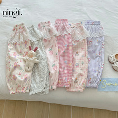 ライムの中で女の子の蚊よけのズボンの夏の薄いモデルの赤ちゃんの純色の波の点の格子の腰の口のレースの束の足の蚊よけのズボン
