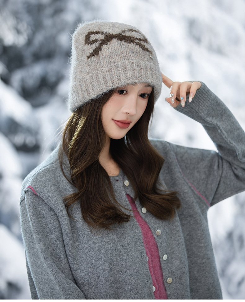 Swee Cue Bow Jacquard Knied Beanie Auumn Winer Lierary Versaile Large Head Circumference Wool Cold-proof Warm_voghion.com