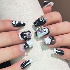 手工穿戴甲阿飄暗黑朋克風可愛格紋蝴蝶結可拆卸假指甲美甲貼片