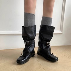 牛革バージョン~5cm以内の高さデザインバレエリボンミッドカーフブーツレディースベルトバックルスクエアトゥ気質パイルブーツ