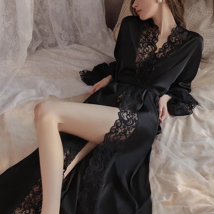 Sexy Pajamas, Bathrobes, Fashionable Long-Sleeved New Ice Silk Summer Long Palace Lace Home Clothes Dressing Gowns