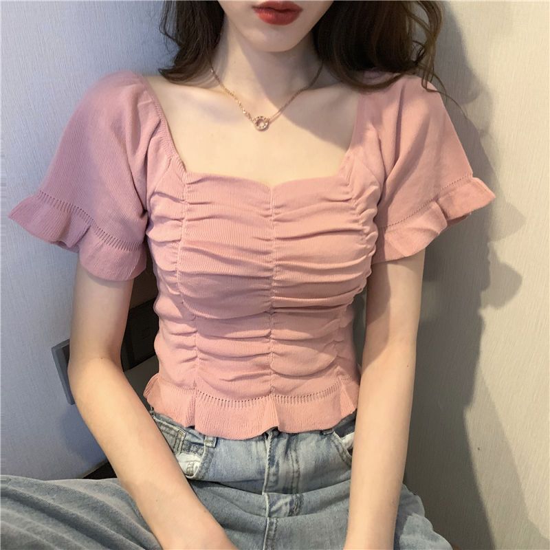 2024 New Women's French Square Collar Short-sleeved Sweater Women's Summer Slim-fit Bottoming Shirt Short Top with High Waist Pants 2024 New Women's French Square Collar Short-sleeved Sweater Women's Summer Slim-fit Bottoming Shirt Short Top with High Waist Pants