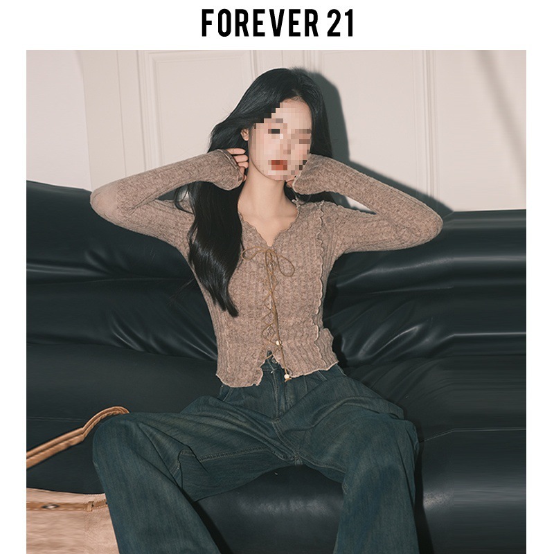 Forever21卡其色气质小V领针织小开衫女修身别致长袖绑带打底上衣|undefined