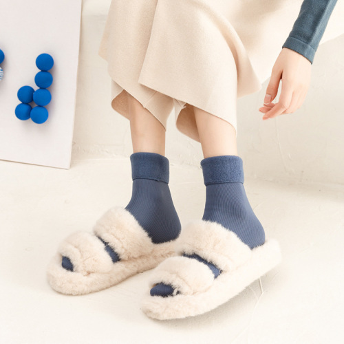 Socks for women in autumn and winter, vertical striped imitation cashmere snow socks, plus velvet, thickening, warm sleeping mid-calf socks, versatile floor socks
