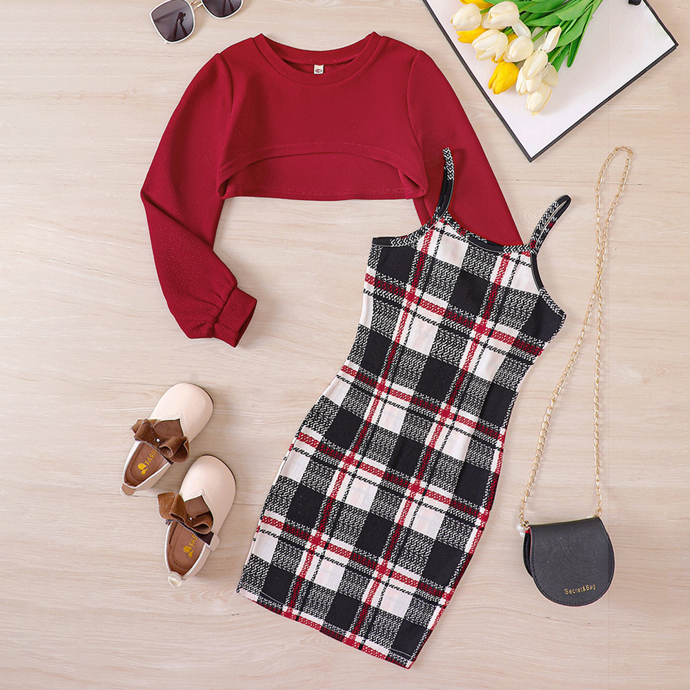 Vêtements pour enfants EW, nouveau produit pour grands enfants, jupe à carreaux d'automne pour filles + ensemble haut court DTZ844-D_voghion.com