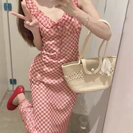 【原版做法＋内里】甜美法式红色格子吊带连衣裙子女度假风鱼尾长