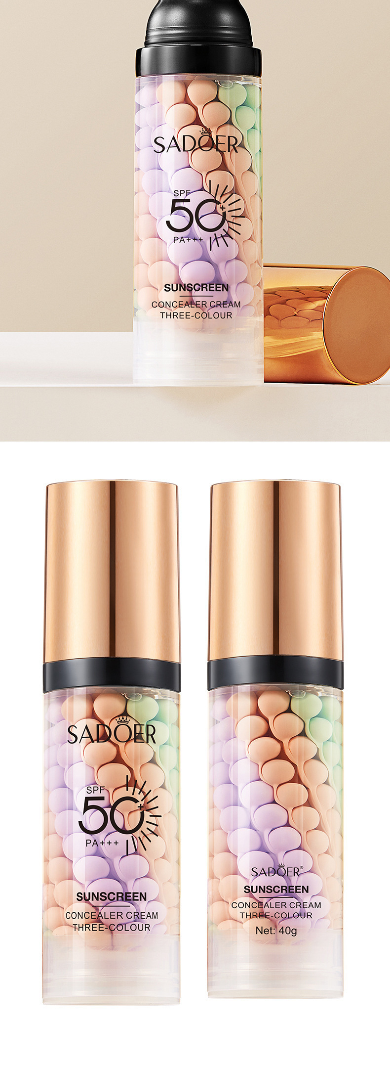 Cross-border foreign trade SADOER three-color sun protection cream uniform skin color before makeup base isolation protective cream