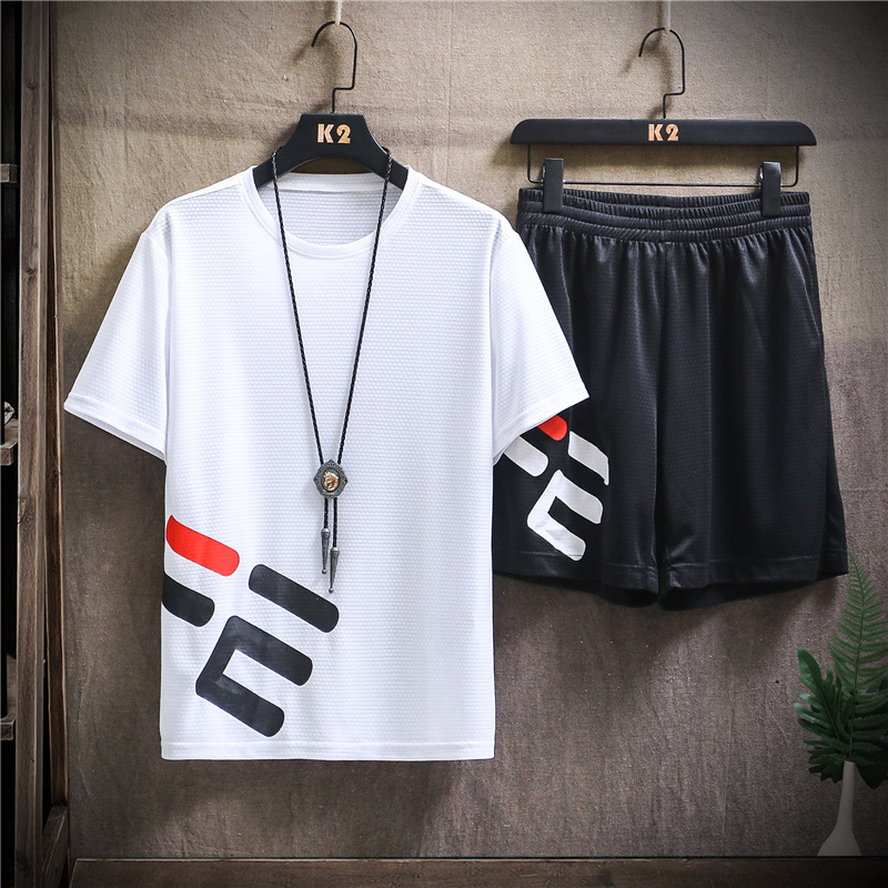 男士冰丝t恤男短袖t青少年夏季套装初中高中夏装冰感衣服潮牌体