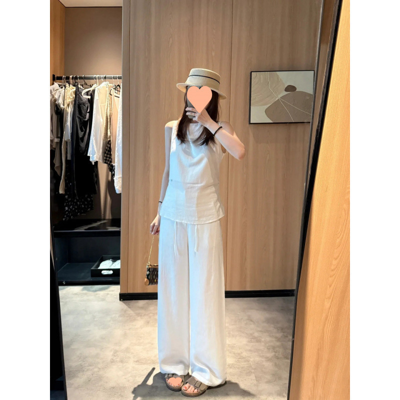 CHAO级推荐！今年流行慵懒亚麻裤子女夏季宽松高腰系带阔腿拖地裤|undefined