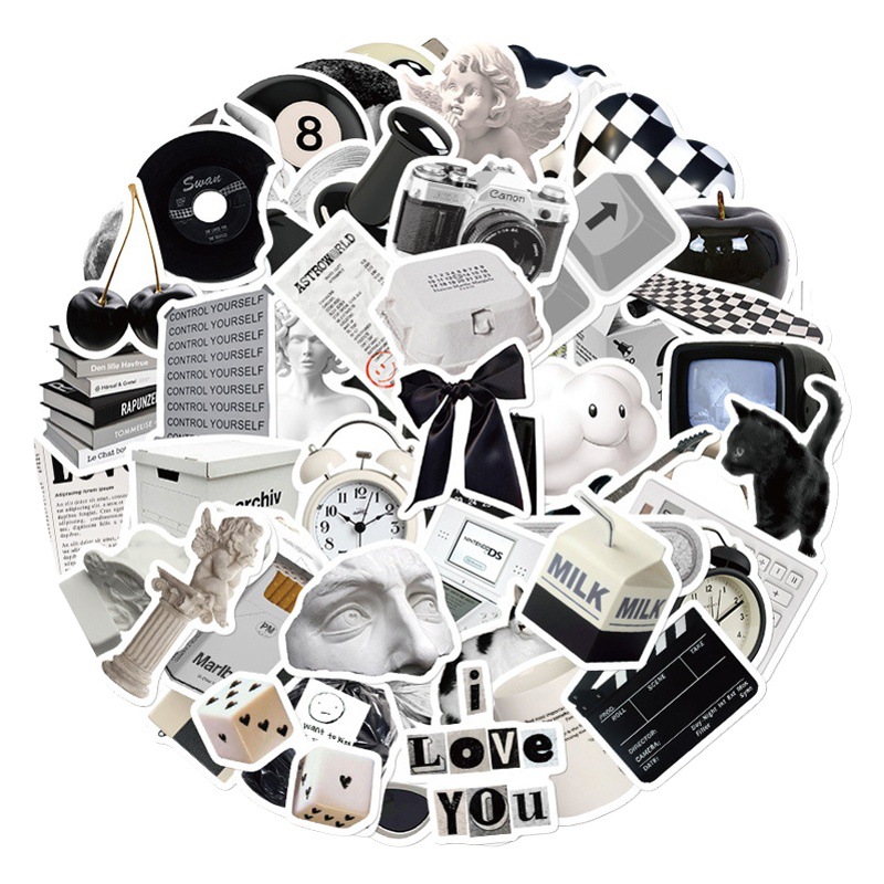 61 blanco y negro simple estilo pegatinas portátil taza de agua mano libro teléfono caso decorativo impermeable DIY pegatinas