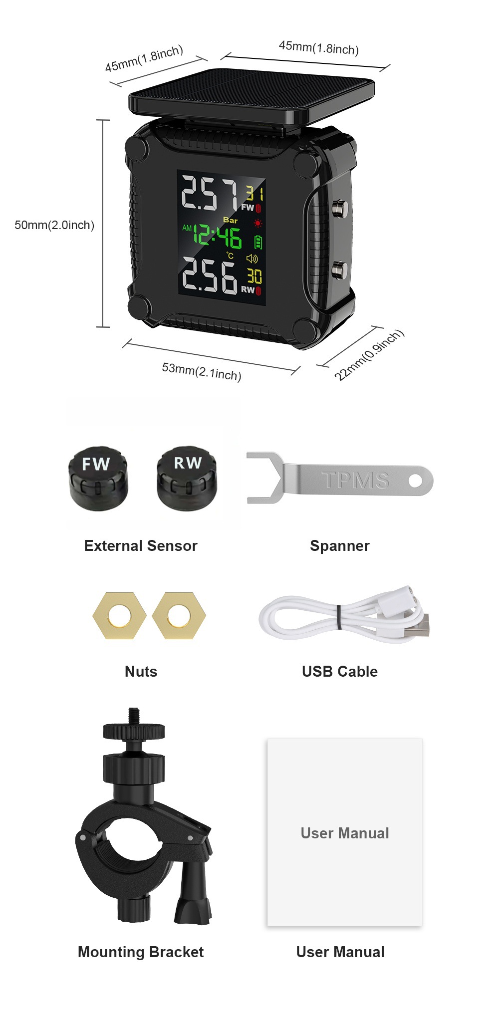 Motorcycle and Electric Vehicle Magnetic Tire Pressure Monitoring and Air Pressure Detection Device, Rechargeable, Waterproof, Dustproof