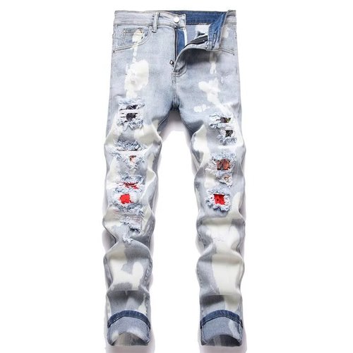 High-Version AM Style Punk Retro Blue Ripped Slim Fit Elastic Print Dye Men's Jeans