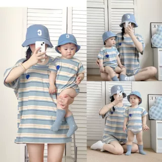 一家三口亲子装小月龄婴儿条纹2025新款夏季刺绣爱心短袖母子母女