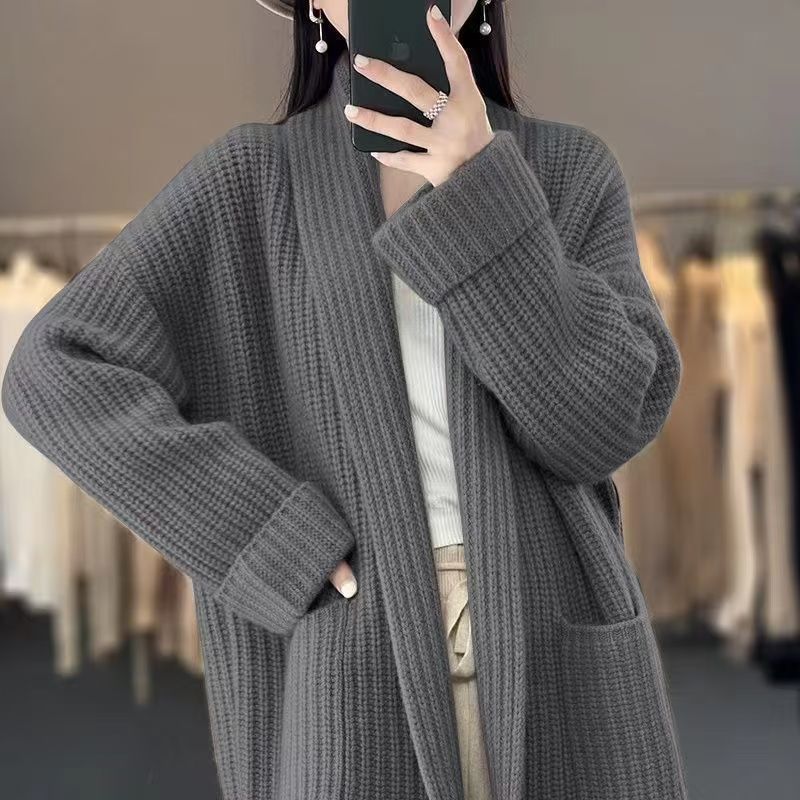 韩版秋冬季慵懒风粗线针织女毛衣开衫气质中长款宽松女外套上衣|undefined