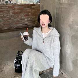 半拉链时尚针织套装女秋冬新款加厚宽松慵懒风休闲阔腿裤两件套潮