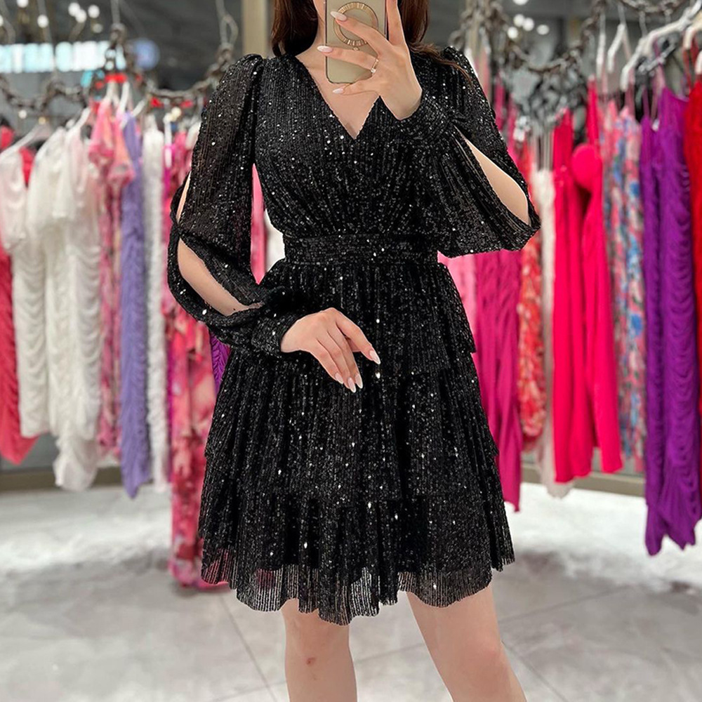 Summer Season Women's Gender Wholesale Women's Streetwear Sequins Glittery Solid Color Holiday Daily V Neck Long Sleeve Sequin Dress
