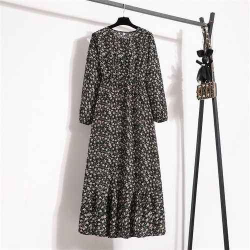 Women's Spring High-Waist Long-Sleeve Dress with Vintage Chiffon Floral Print Round Neck High-Waist Slimming Long Dress