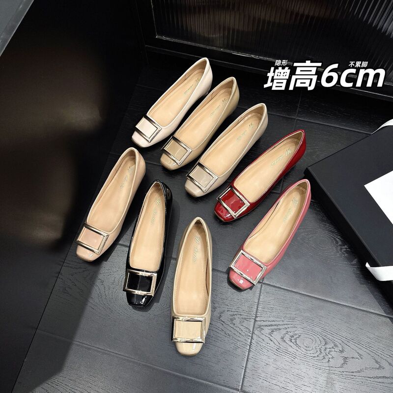 Height-Increasing 6cm Metal Square Buckle Square Toe Thick Heel Flats for Women 2025 New Sexy Shallow Patent Leather High Heels Wedding Shoes