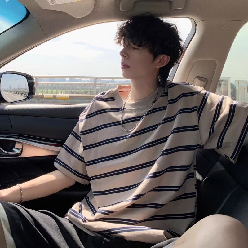 Contrast Color Striped Pure Cotton Short-sleeved T-shirt Men's Summer Japanese Style Retro Trendy Teenager Ins Round Neck Casual Half Sleeves