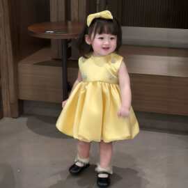 女宝宝一周岁抓周礼服夏季黄色新款花童公主裙韩系西式洋气蓬蓬裙
