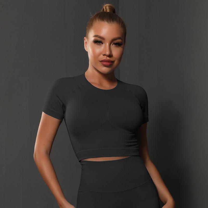 Summer New Seamless Tight Pleated T-Shirt Top Yoga Wear For Women High Elastic Running Sports Fitness Short Sleeve_viptrois.com