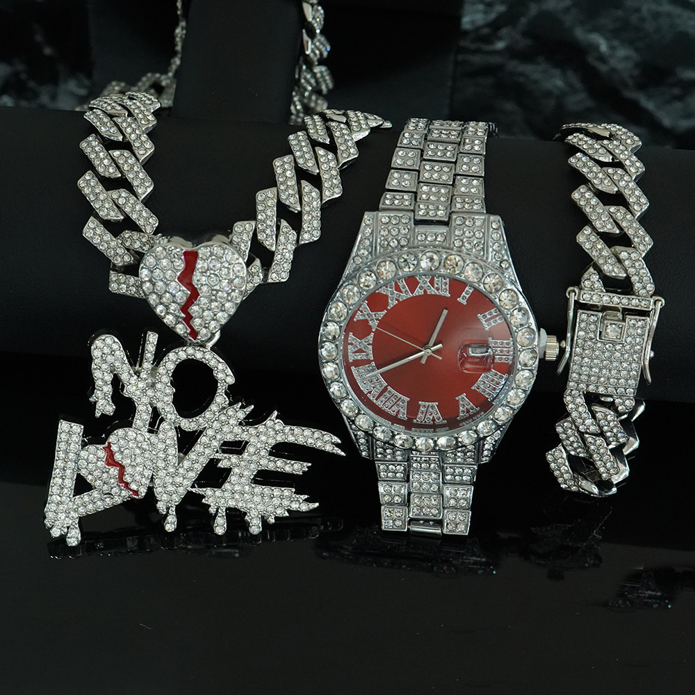Conjunto de Reloj y Collar con Colgante NO LOVE, Estilo Cubano, para Hombre, en Caja de Regalo de Lujo