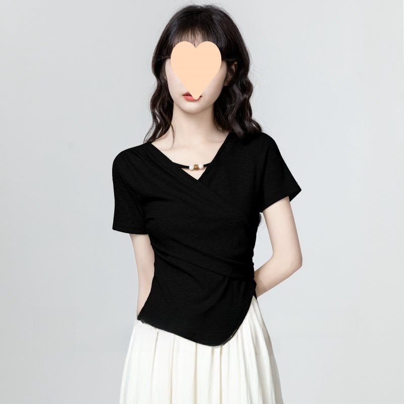 绿色领短袖恤女夏季2025新款不规则交叉收腰显瘦正肩体恤短上衣|undefined