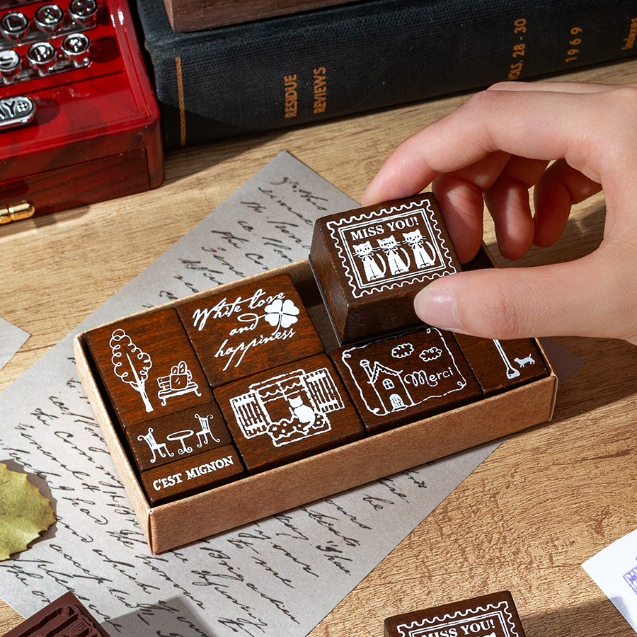 Bendición en francés, madera de loto retro creativa, frases de bendición en francés, cuentas de mano de bricolaje, juego de sellos de madera, especial transfronterizo