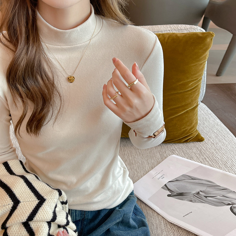 Autumn and winter micro-midi velvet semi-high collar bottoming shirt women's interior with mid-collar long sleeve new outside-wear shoulder t-shirt