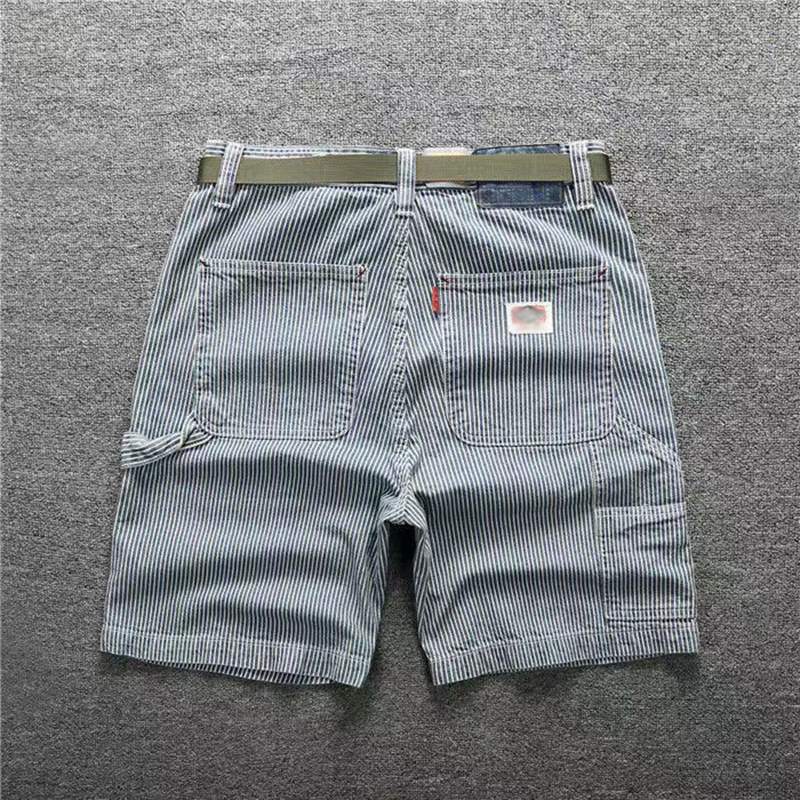 Summer Thin American Retro Striped Denim Shorts Men's Trendy Loose Straight Five-Point Casual Mid-Length Pants