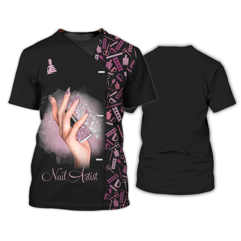 Beautician Professional Work Clothes Printed Nail Polish Men's and Women's Round Neck Short Sleeve Hip Hop Fun T-Shirt Summer Top