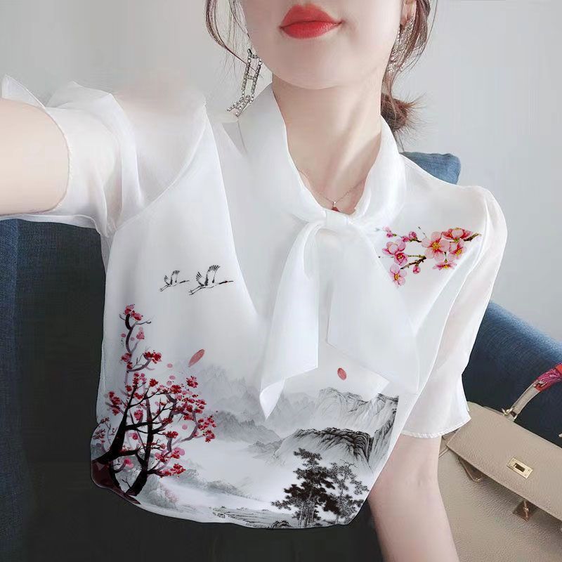 夏の新型女性tシャツ半袖韓国版痩せプリント減齢百合洋気隠しマフラー襟ママシャツ|undefined