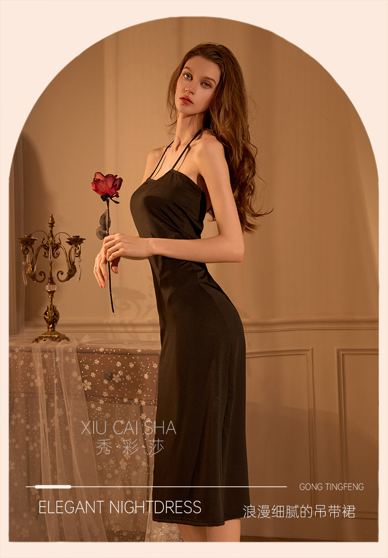 Halter Neck Lace-Up Long Babydoll with Open Back, Black Polyester, One Size — detail image 16