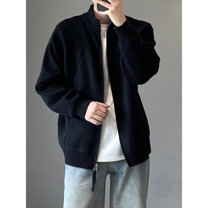 Cleanfit Black Knitted Cardigan Jacket Men's Spring & Fall High-End Lazy Style Korean Style Stand-Up Collar Zipper Sweater Cleanfit Black Knitted Cardigan Jacket Men's Spring & Fall High-End Lazy Style Korean Style Stand-Up Collar Zipper Sweater