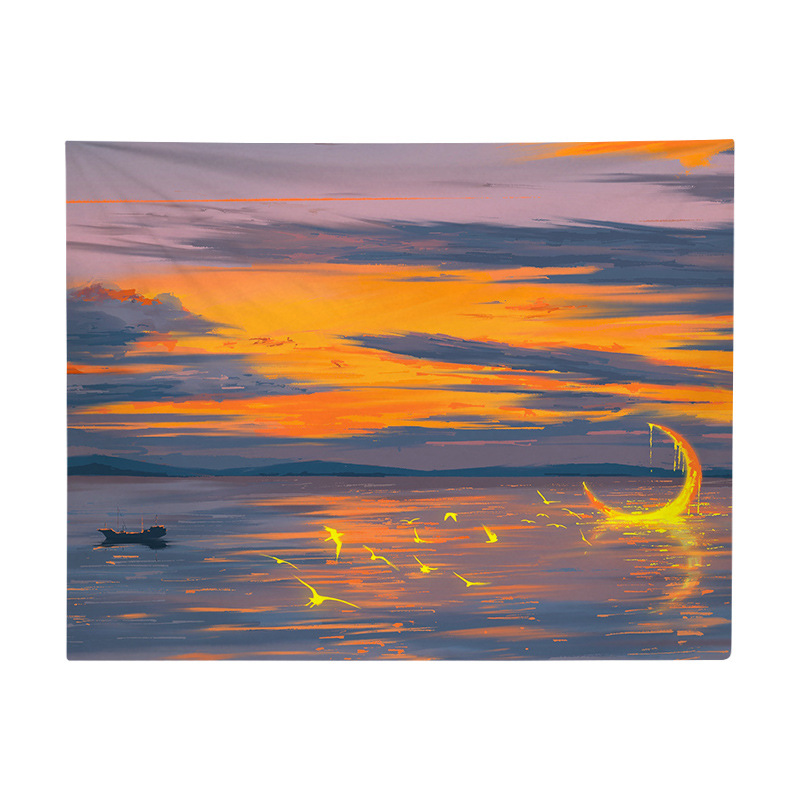 PK7J Sunset Landscape Oversized Background Wall Fabric Bedside Decor Instagram Bedroom Renovation Drill-Free Room Hanging Fabric