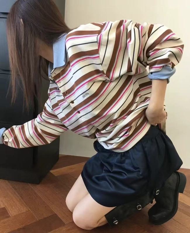 韩国小众 25秋季新款 复古拼色条纹polo领字母刺绣翻领长袖T恤女|undefined